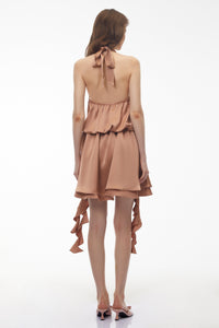 Solange Camel Halterneck Ruched Mini Dress with 3D Florals