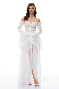 Stefania White Smocked Shirred Chiffon Maxi Dress