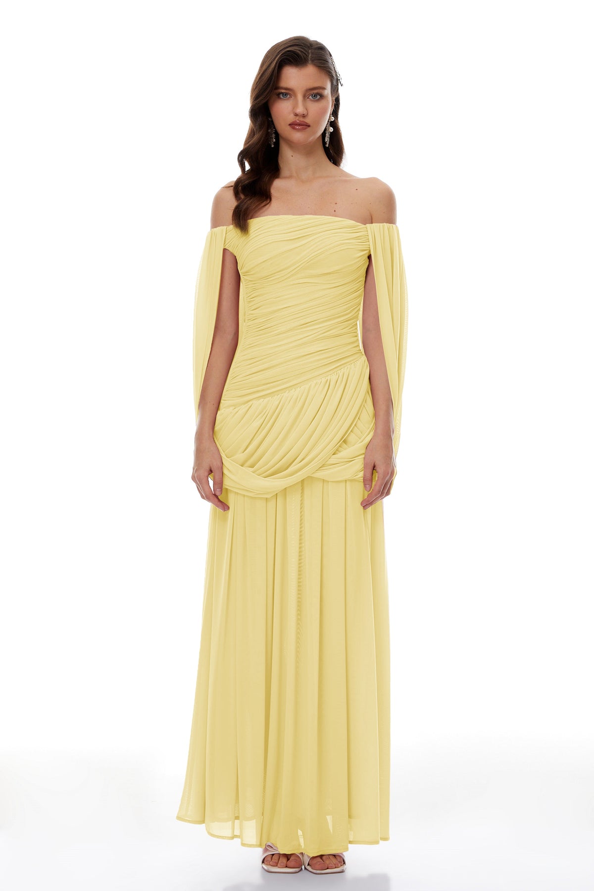 Suné Yellow Cross Front Ruched Maxi Dress