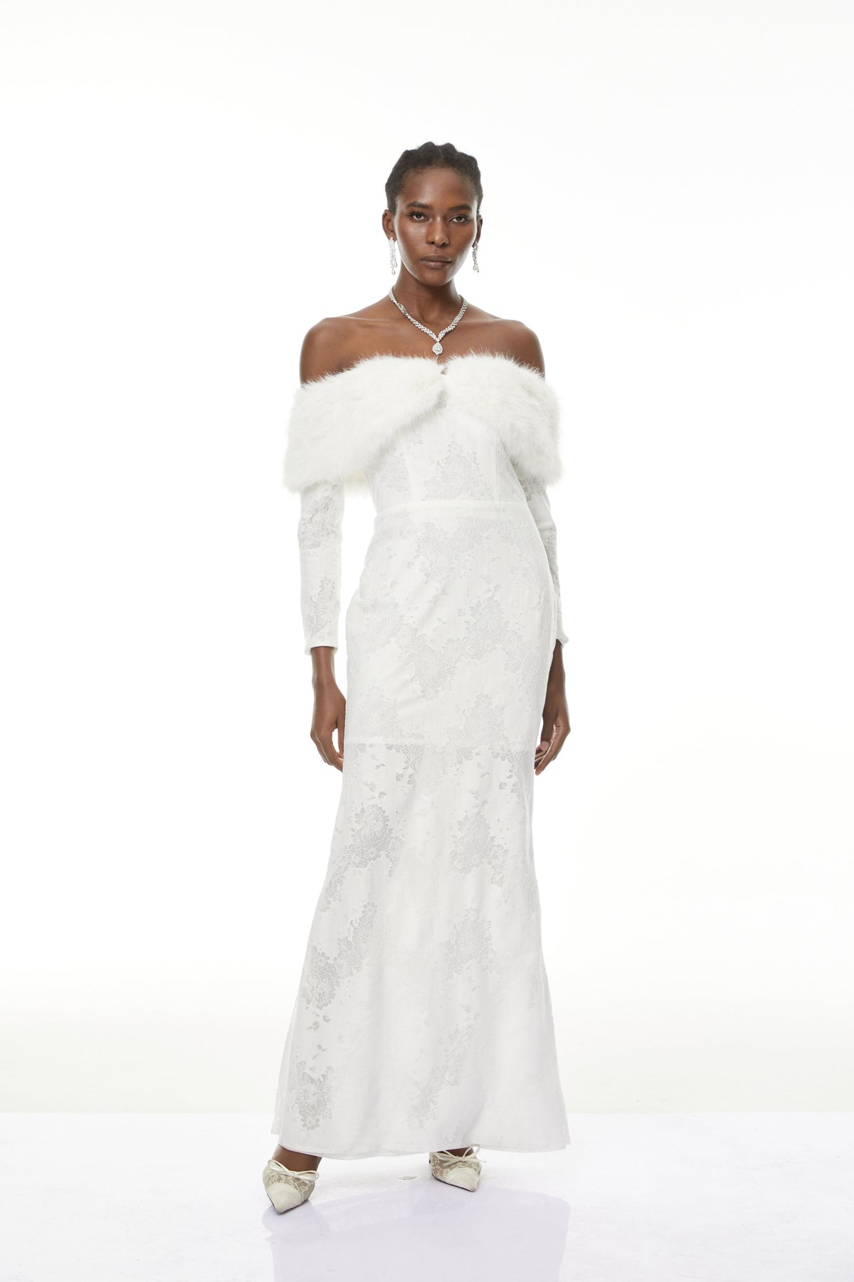 Susanne White Fur Trim Floral Lace Maxi Dress