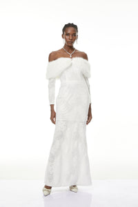 Susanne White Fur Trim Floral Lace Maxi Dress