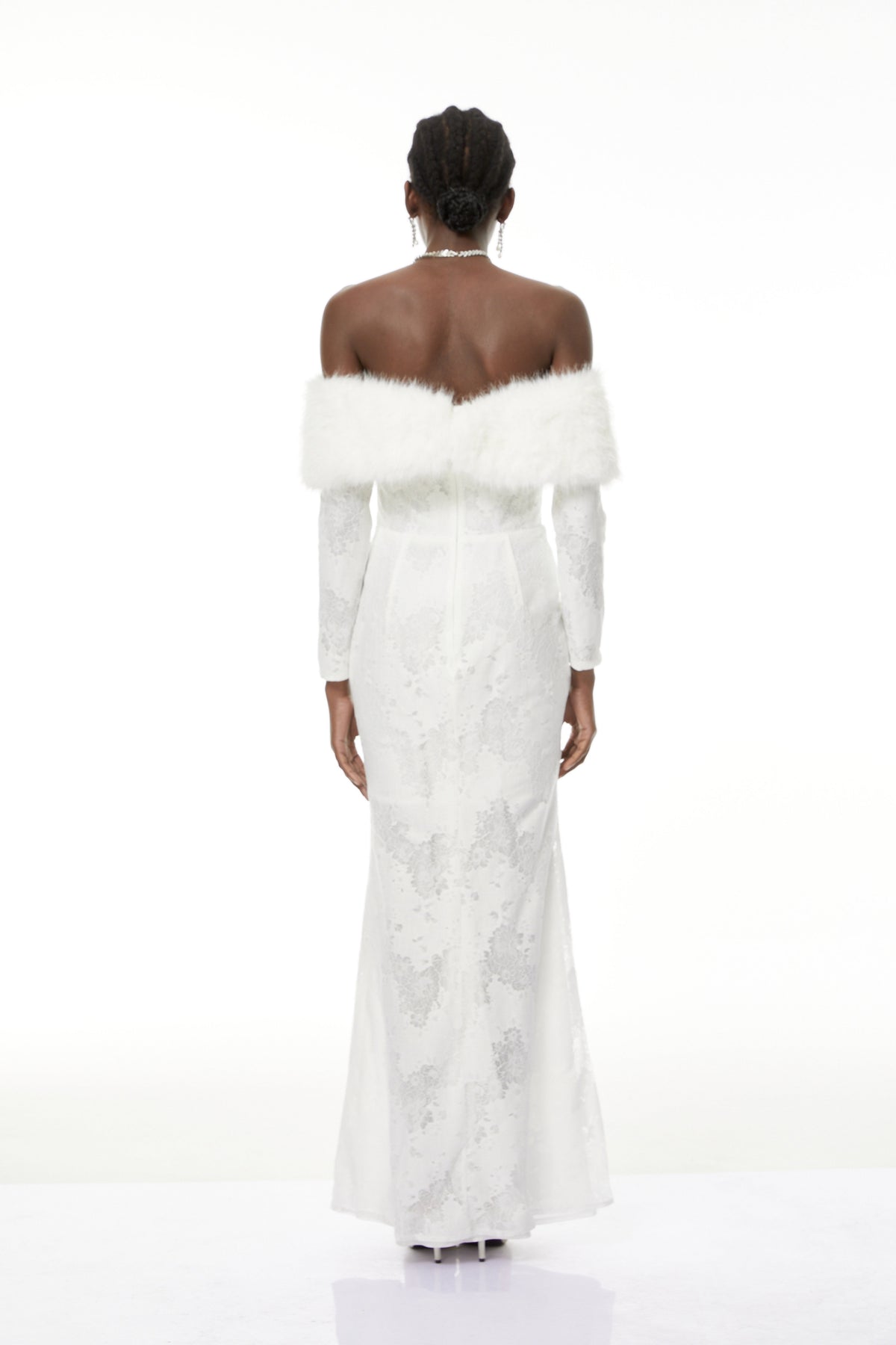 Susanne White Fur Trim Floral Lace Maxi Dress
