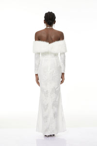 Susanne White Fur Trim Floral Lace Maxi Dress