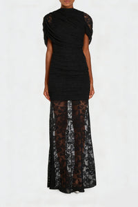 Sylphe Black Asymmetrical Ruched Lace Maxi Dress
