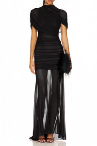 Sylphe Black Asymmetrical Ruched Mesh Maxi Dress