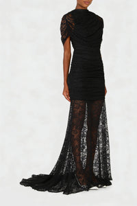 Sylphe Black Asymmetrical Ruched Lace Maxi Dress