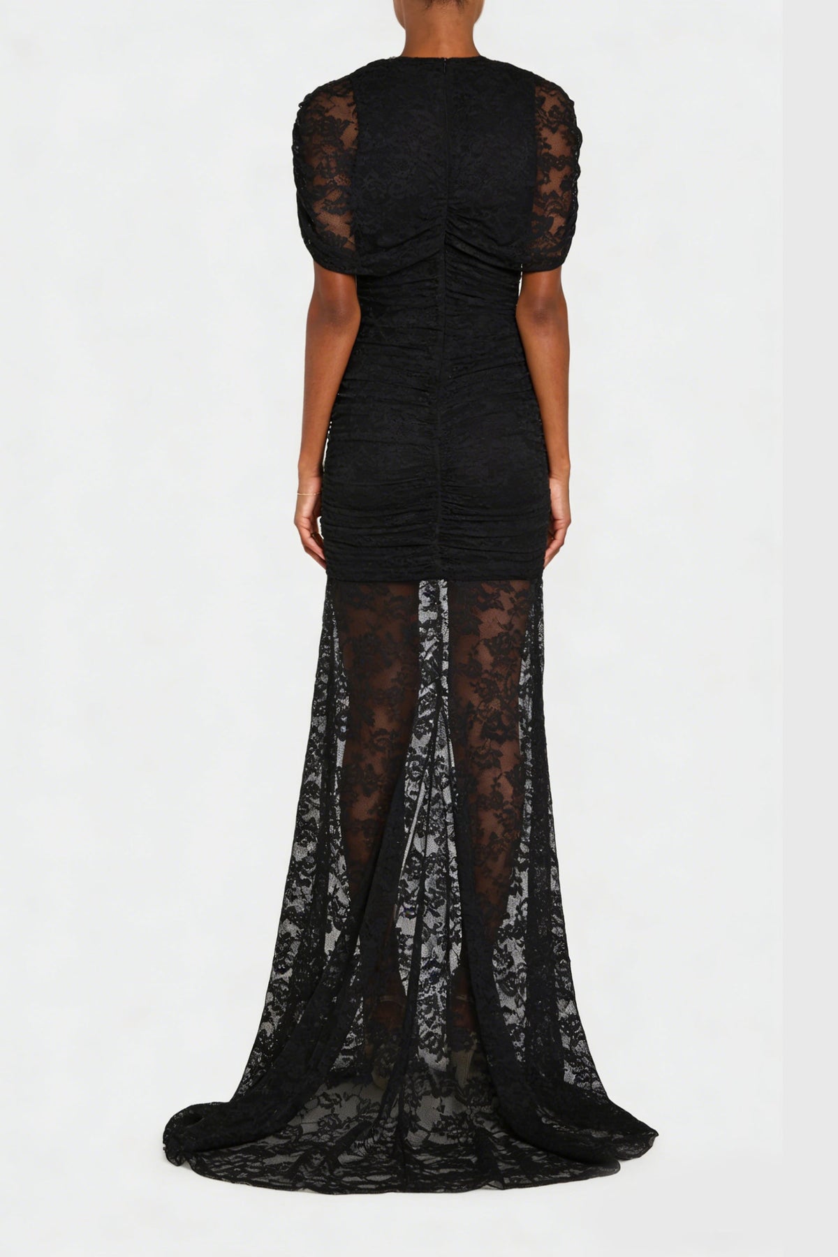 Sylphe Black Asymmetrical Ruched Lace Maxi Dress