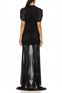Sylphe Black Asymmetrical Ruched Mesh Maxi Dress