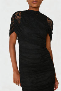 Sylphe Black Asymmetrical Ruched Lace Maxi Dress