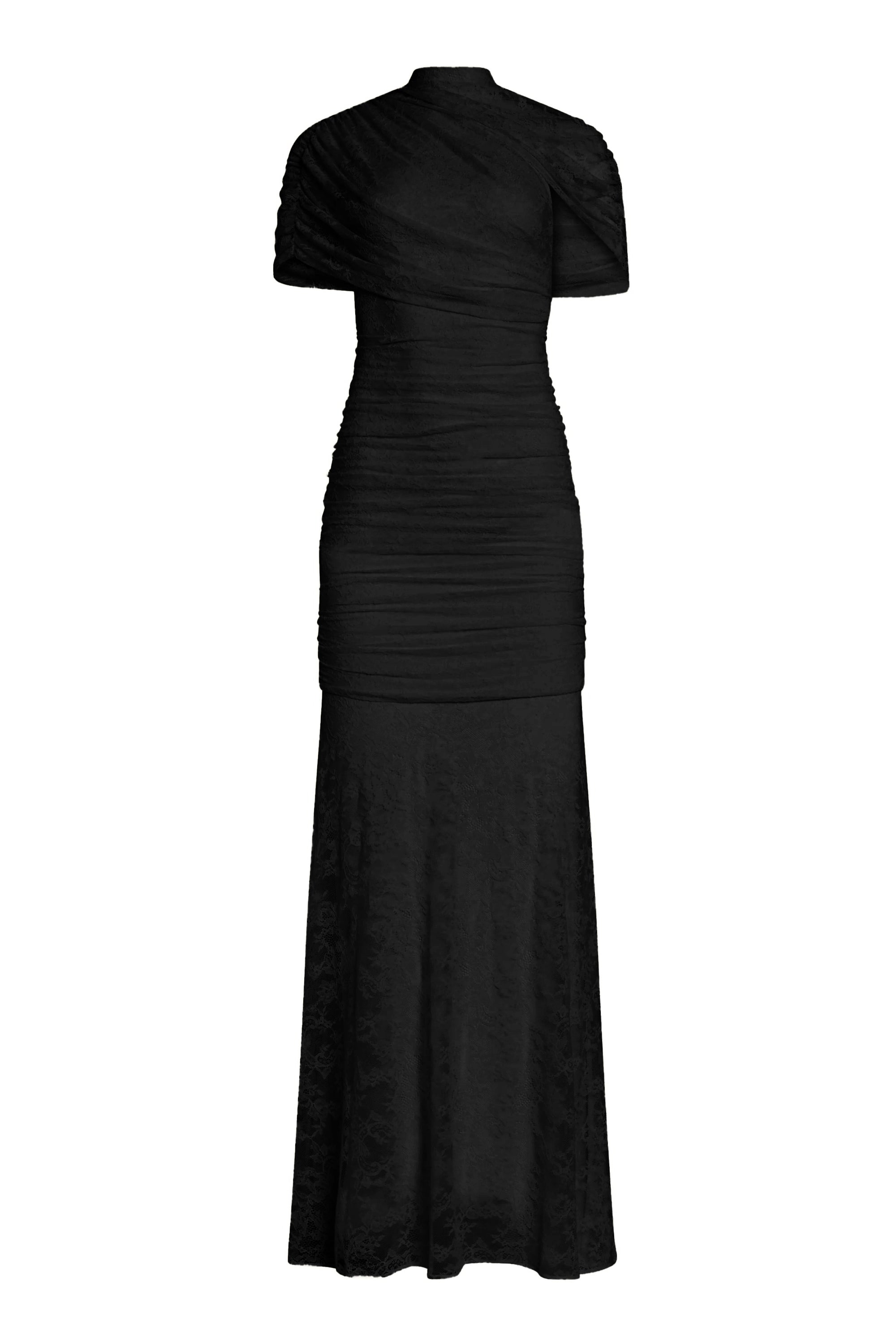 Sylphe Black Asymmetrical Ruched Lace Maxi Dress