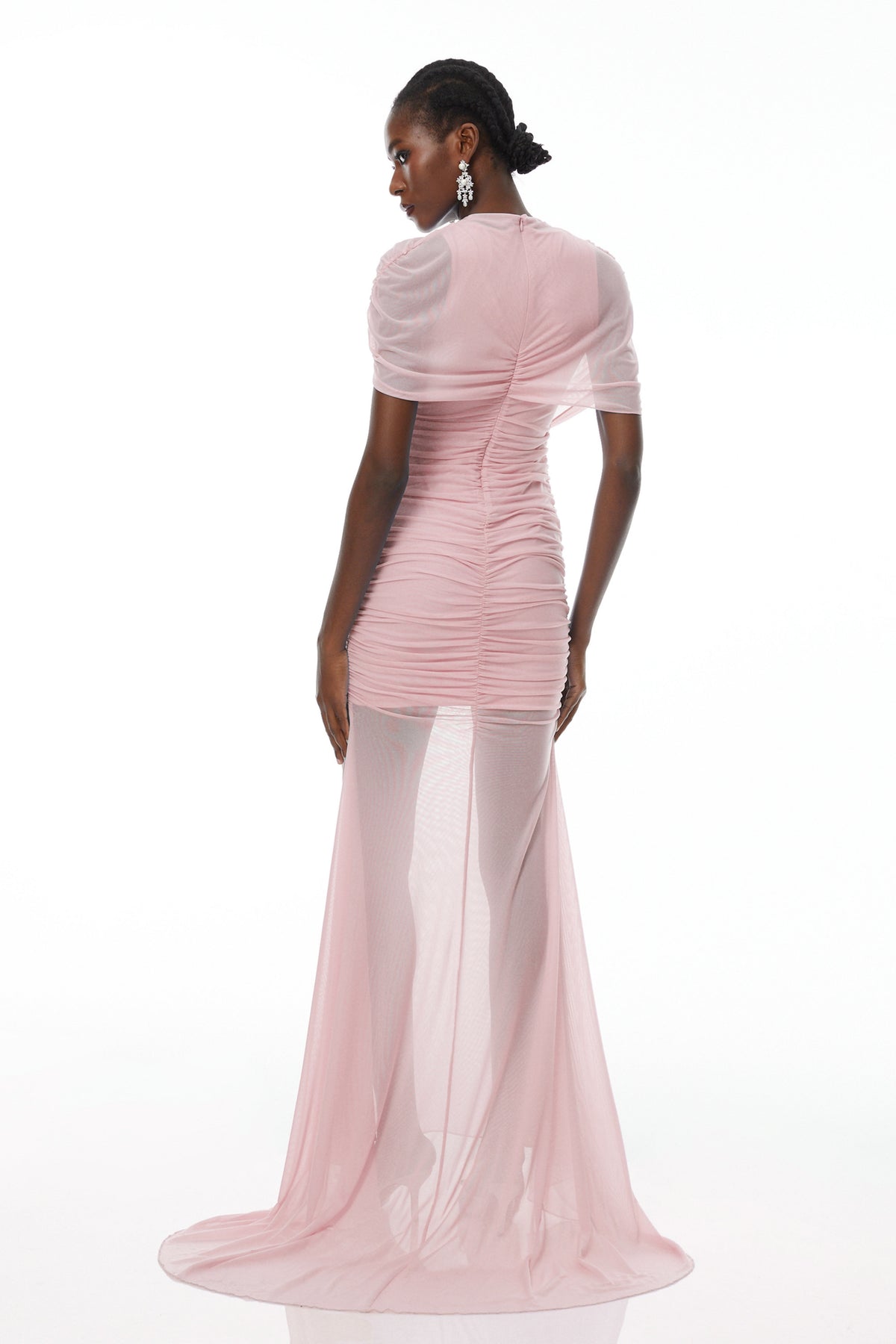 Sylphe Pink Asymmetrical Ruched Mesh Maxi Dress