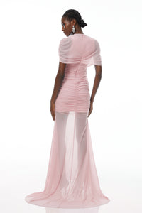 Sylphe Pink Asymmetrical Ruched Mesh Maxi Dress