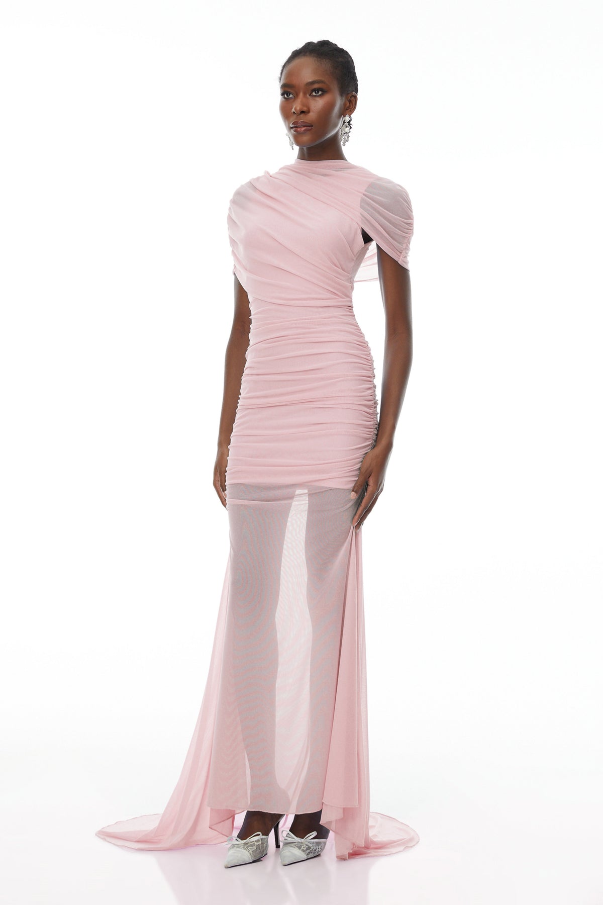 Sylphe Pink Asymmetrical Ruched Mesh Maxi Dress