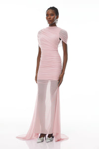 Sylphe Pink Asymmetrical Ruched Mesh Maxi Dress