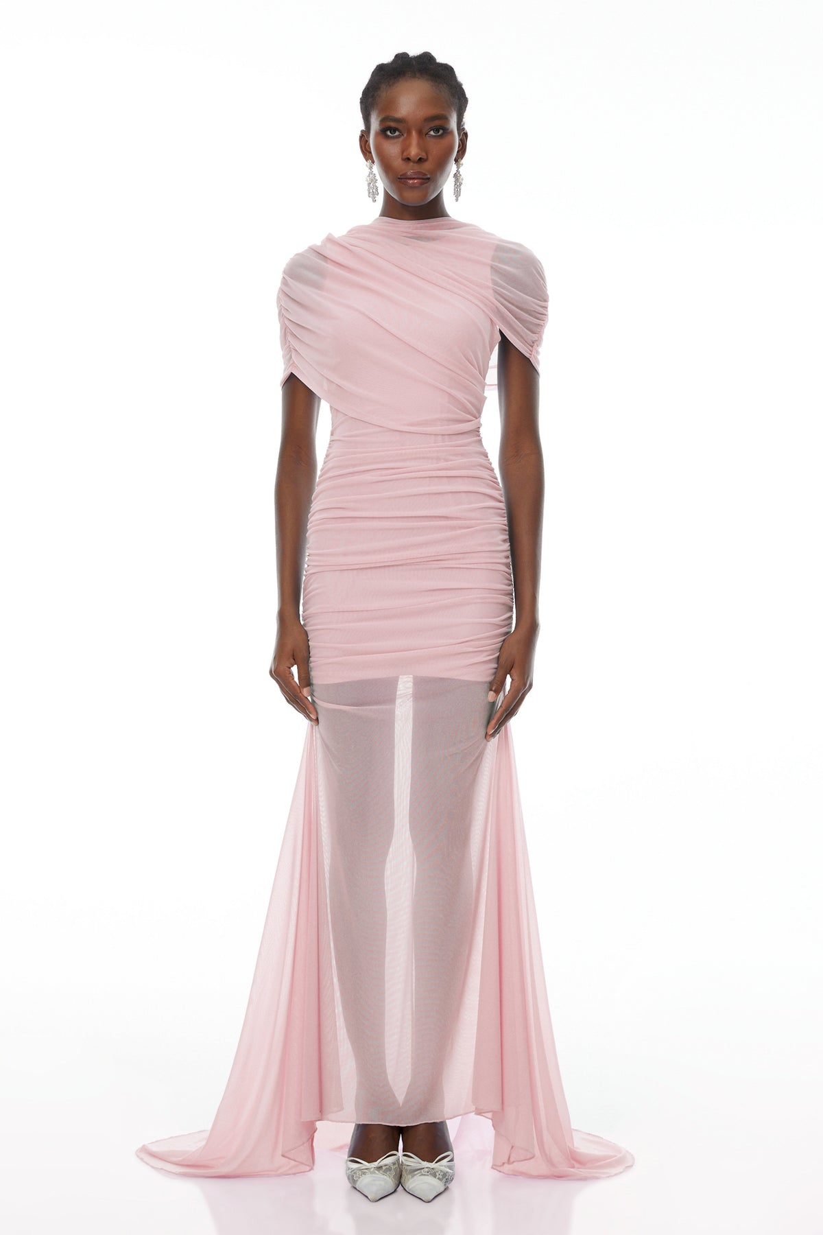 Sylphe Pink Asymmetrical Ruched Mesh Maxi Dress