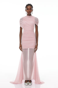 Sylphe Pink Asymmetrical Ruched Mesh Maxi Dress