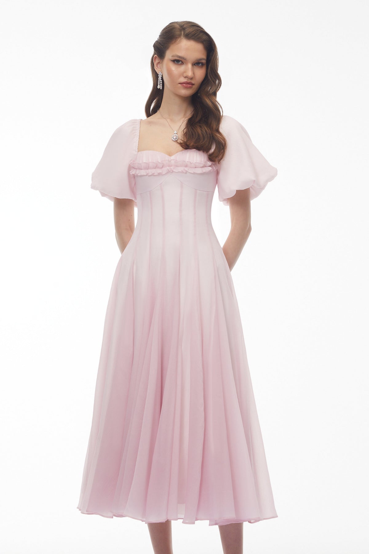 Tábata Pink Ruffled Pleated Midi Dress