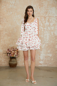 Tamara White Strawberry Print Tiered Mini Dress