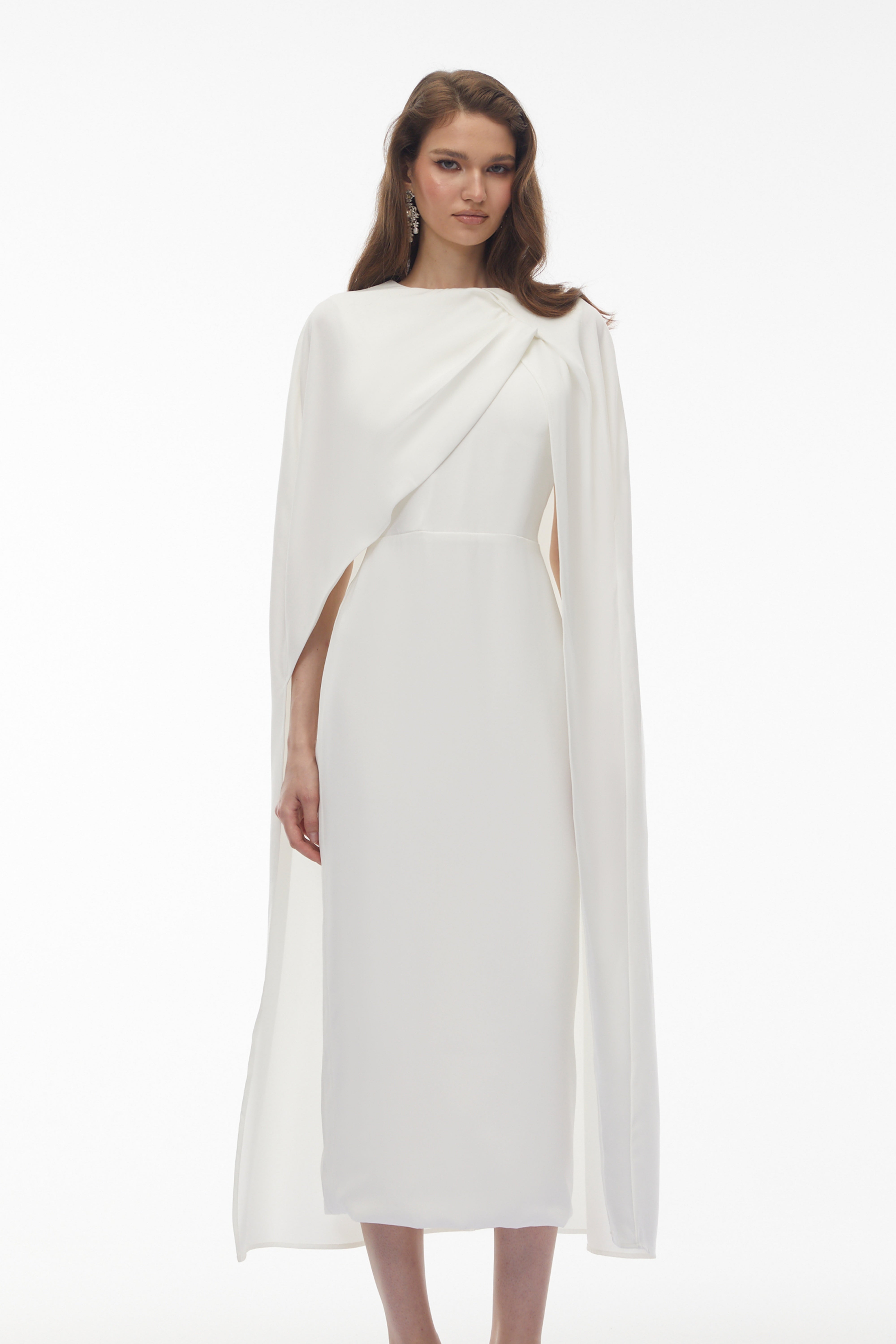 Tetyana White Cape Asymmetrical Midi Dress