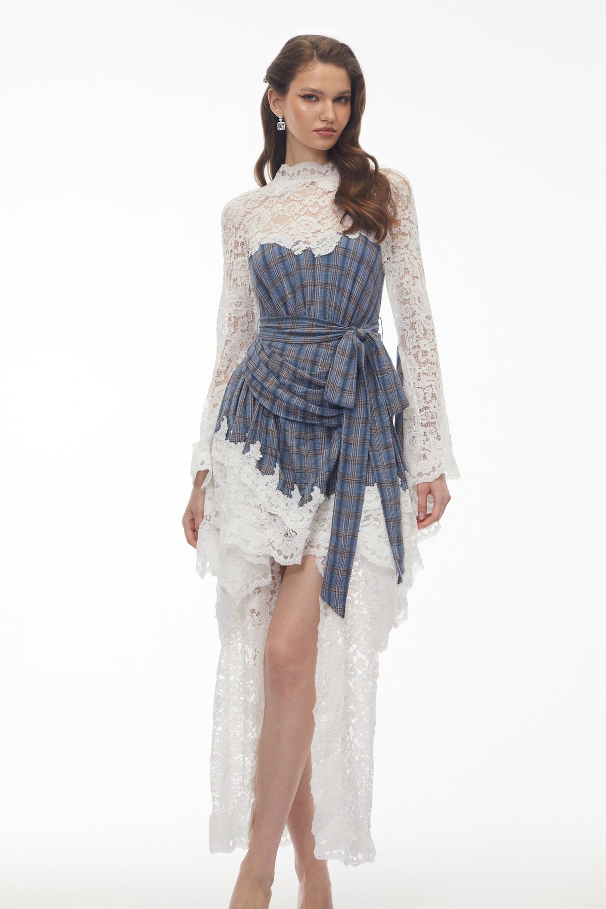 Thalassa Blue Checked Floral Lace Midi Dress
