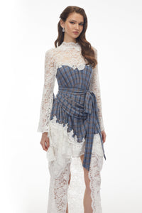 Thalassa Blue Checked Floral Lace Midi Dress