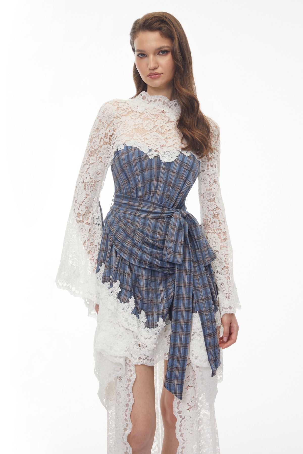 Thalassa Blue Checked Floral Lace Midi Dress