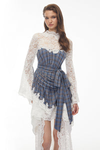 Thalassa Blue Checked Floral Lace Midi Dress