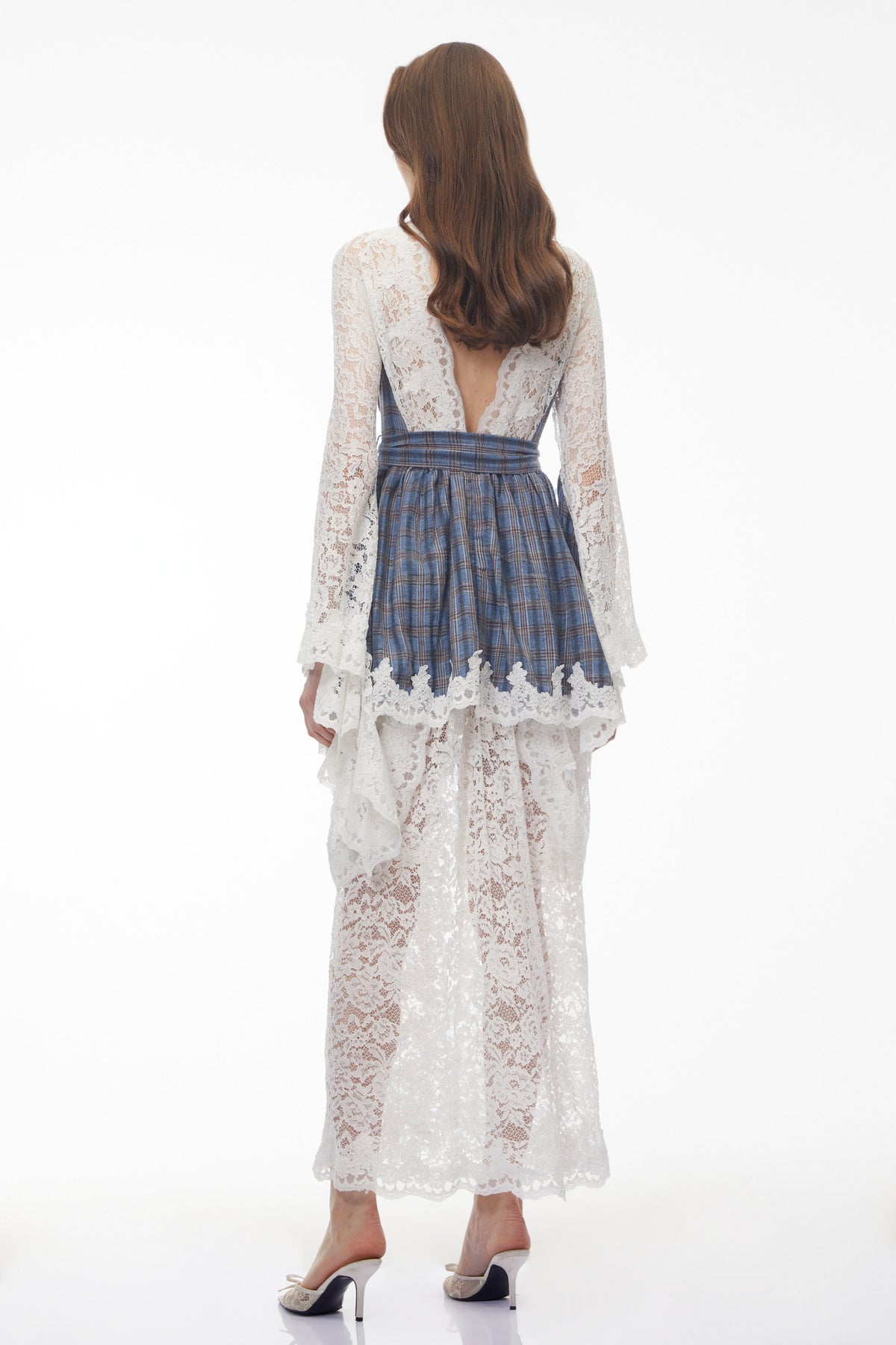 Thalassa Blue Checked Floral Lace Midi Dress