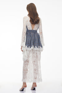 Thalassa Blue Checked Floral Lace Midi Dress