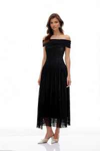 Thale Black Asymmetrical Textured Ruched Midi Dress