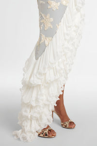 Théoline Neutral Asymmetrical Ruffled Floral Midi Dress