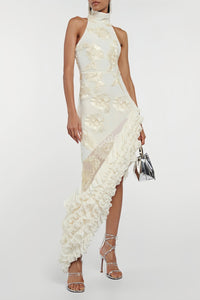 Théoline Neutral Asymmetrical Ruffled Floral Midi Dress