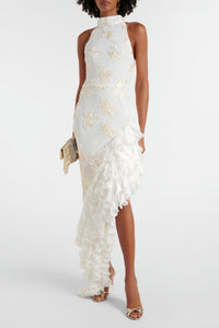 Théoline Neutral Asymmetrical Ruffled Floral Midi Dress