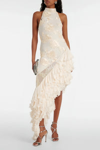 Théoline Neutral Asymmetrical Ruffled Floral Midi Dress