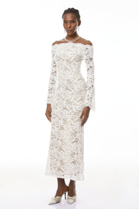 Theresa White Semi-Sheer Floral Lace Maxi Dress