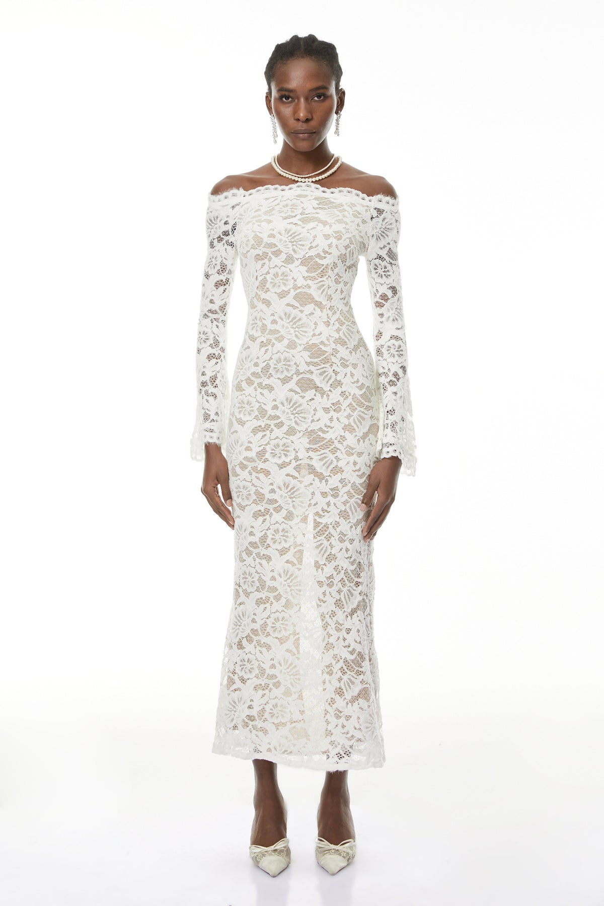 Theresa White Semi-Sheer Floral Lace Maxi Dress