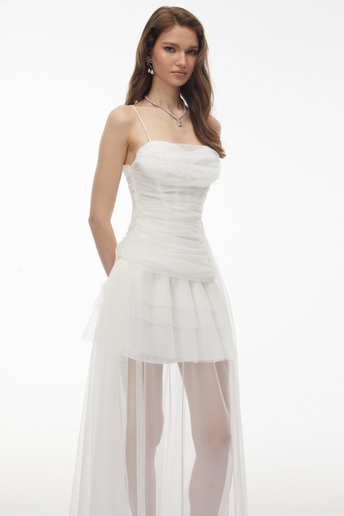 Thisbe White Asymmetrical Mesh Maxi Dress