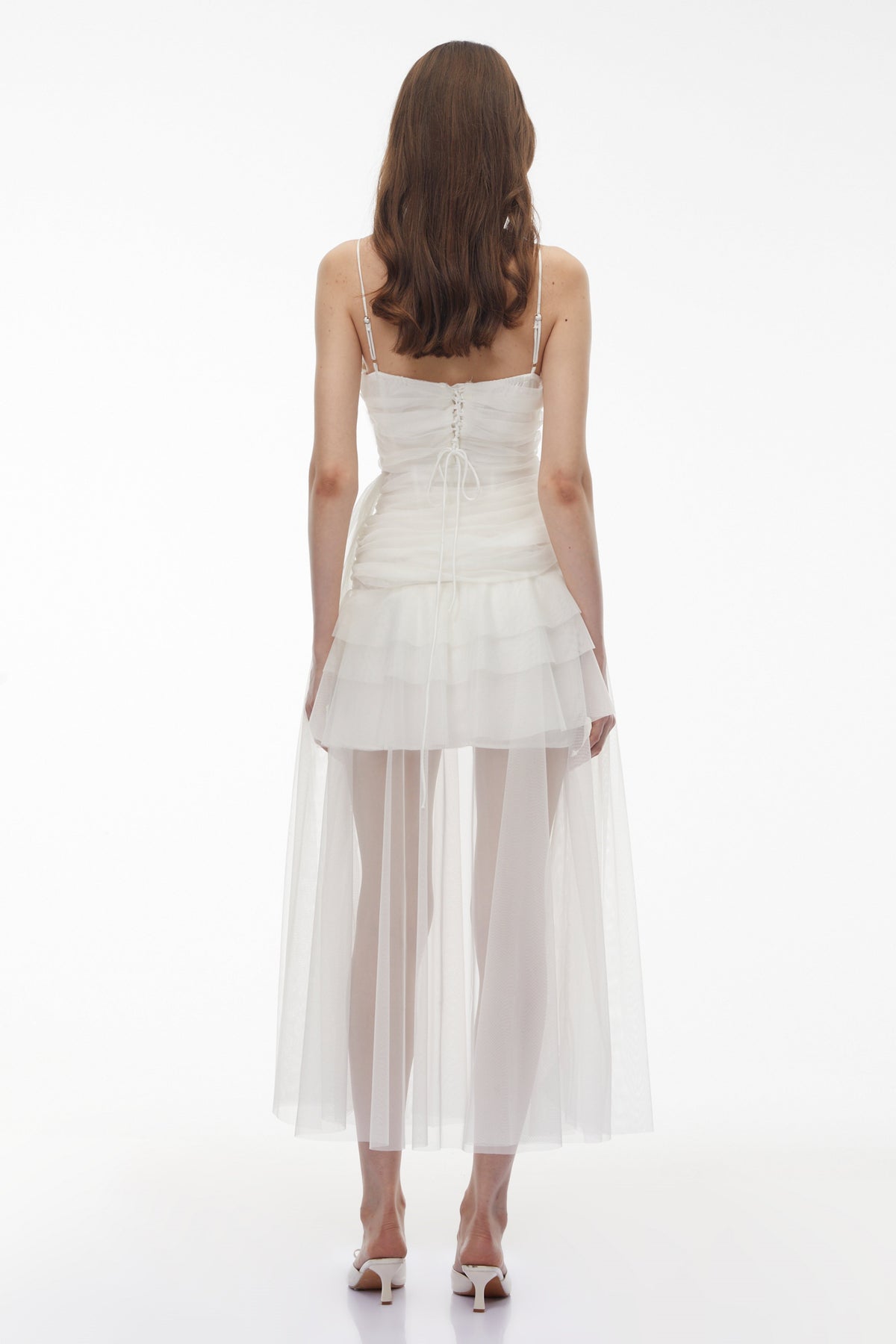 Thisbe White Asymmetrical Mesh Maxi Dress