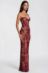 Urszula Red Floral Lace Corset Maxi Dress