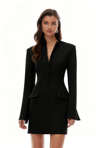 Valeria Black Stand Collar Long Sleeves Mini Dress