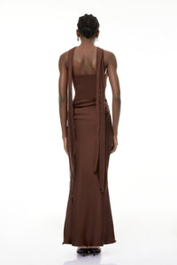 Vedette Brown Ruched Corset Maxi Dress (Without Gloves)