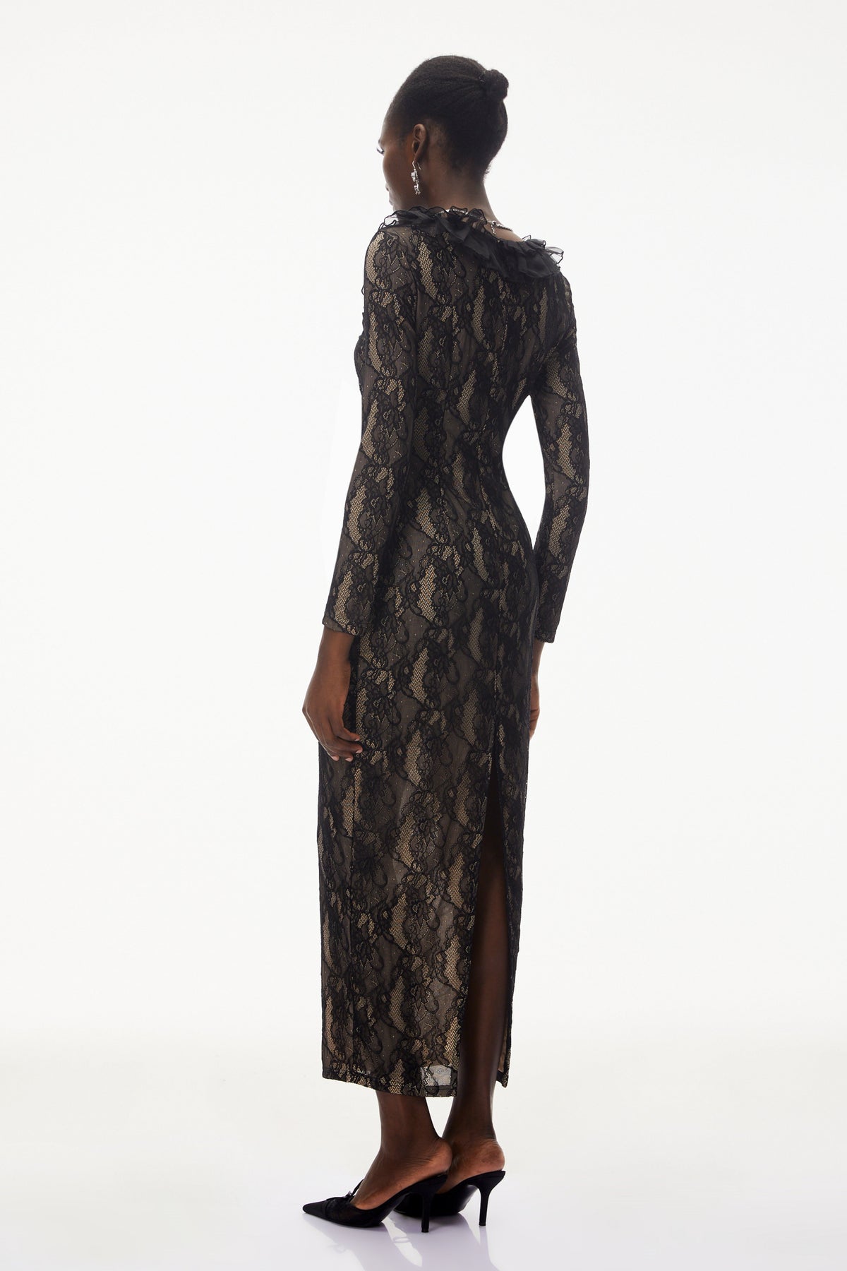 Vesna Black Ruffled Lace Midi Dress