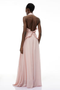 Violeta Pink Halterneck Backless Ruffled Maxi Dress