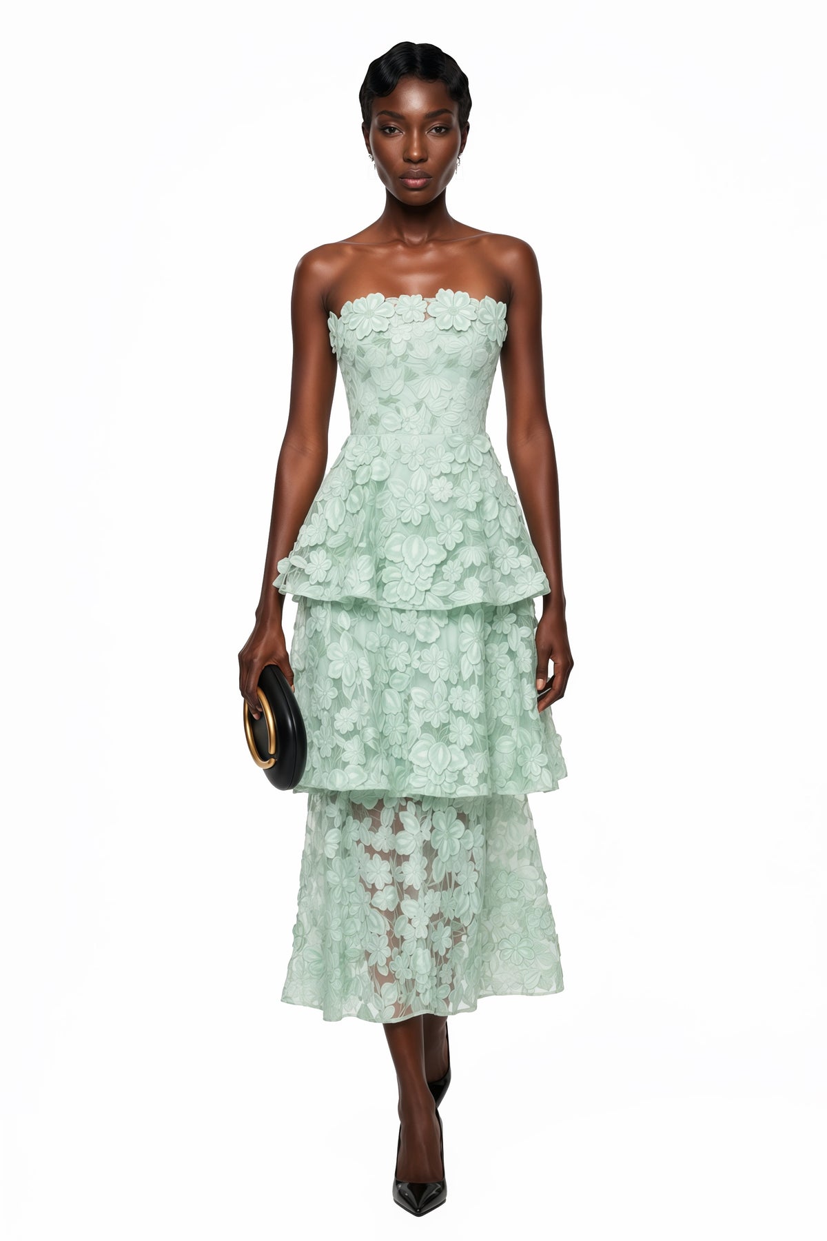 Viviana Green Tiered Midi Dress with 3D Florals