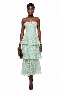 Viviana Green Tiered Midi Dress with 3D Florals