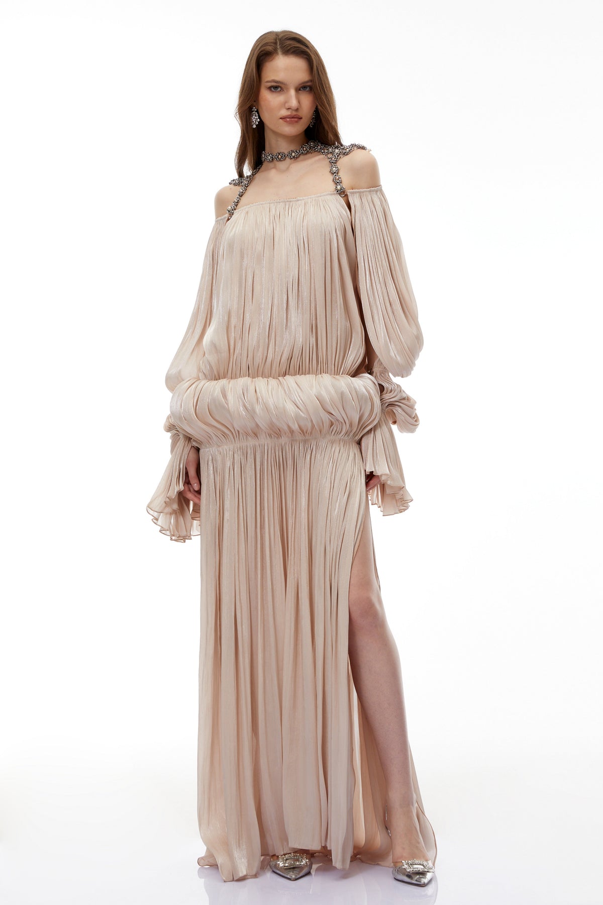 Vlasta Khaki Ruched Bubble Maxi Dress with Chain