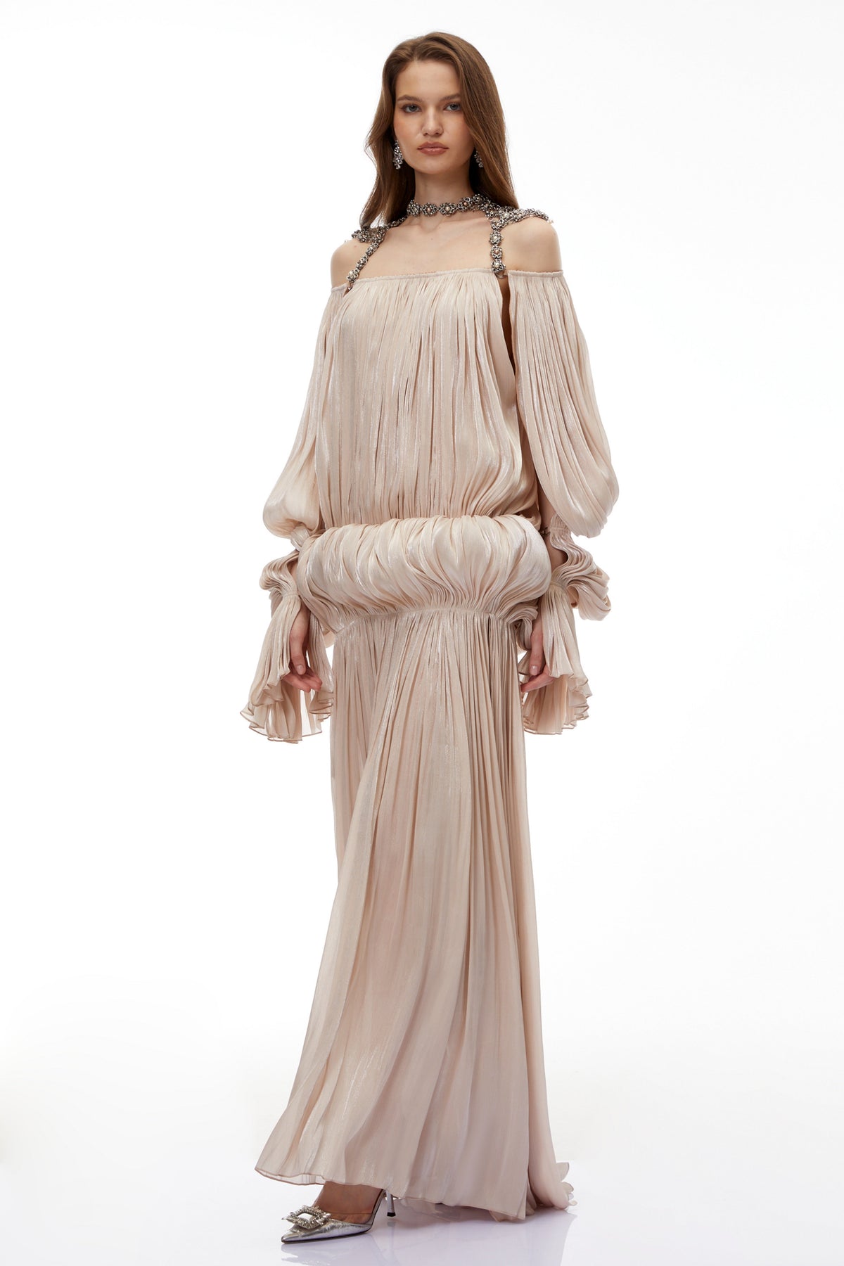 Vlasta Khaki Ruched Bubble Maxi Dress with Chain