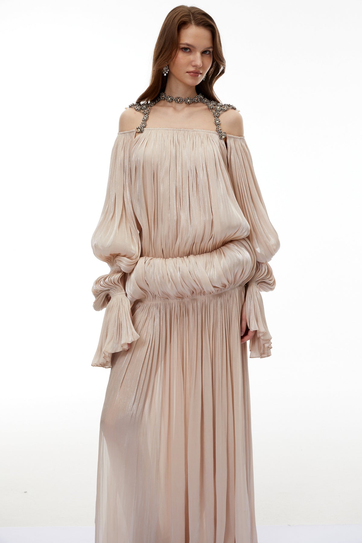 Vlasta Khaki Ruched Bubble Maxi Dress with Chain