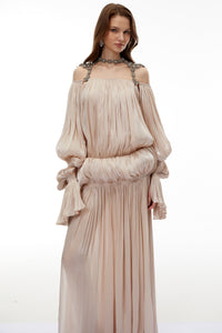 Vlasta Khaki Ruched Bubble Maxi Dress with Chain