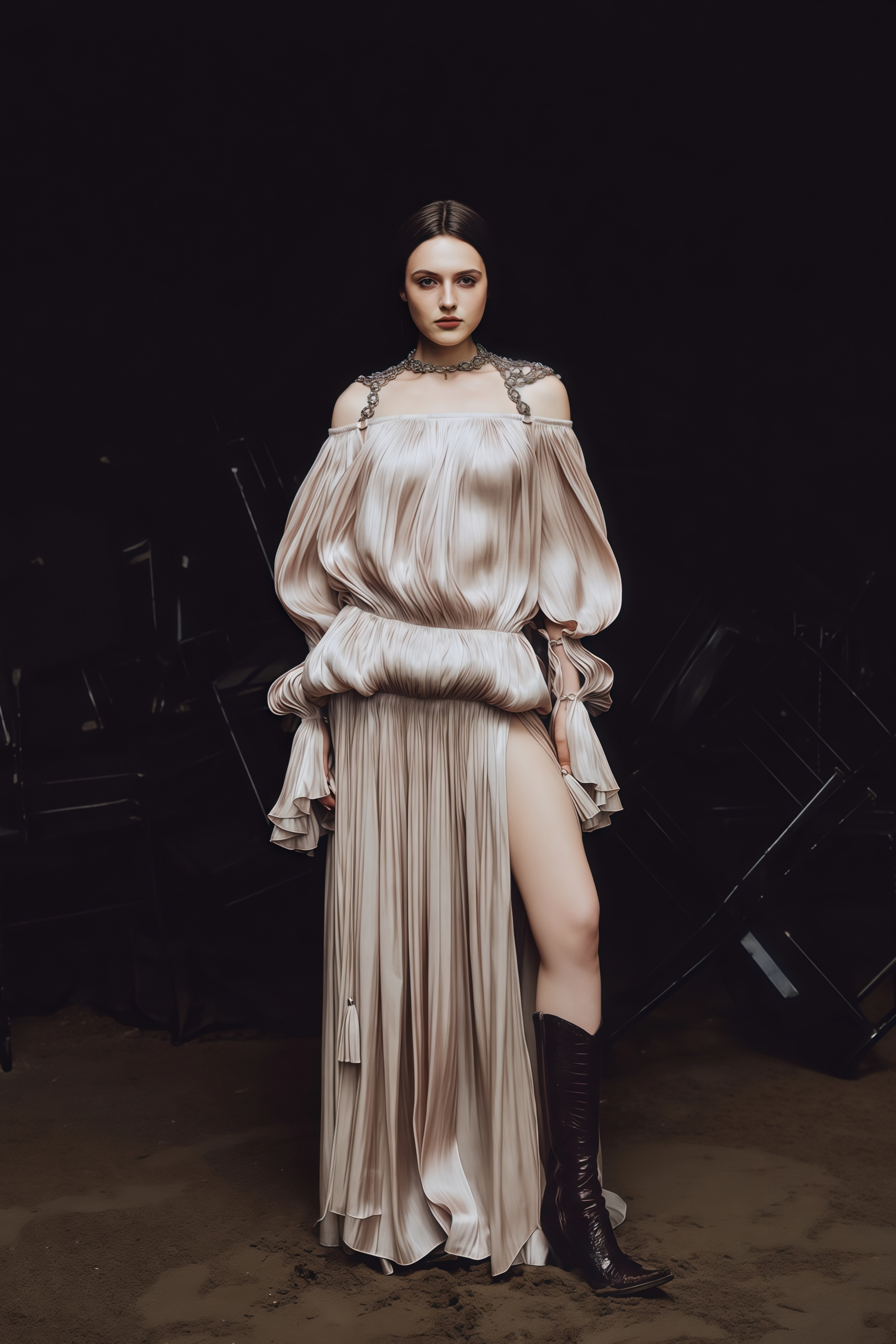 Vlasta Khaki Ruched Bubble Maxi Dress with Chain